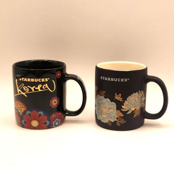 Starbucks Korea Demitasse Demi Espresso Cups 3oz Set of 2 Mugs Floral 2016 - Picture 1 of 8
